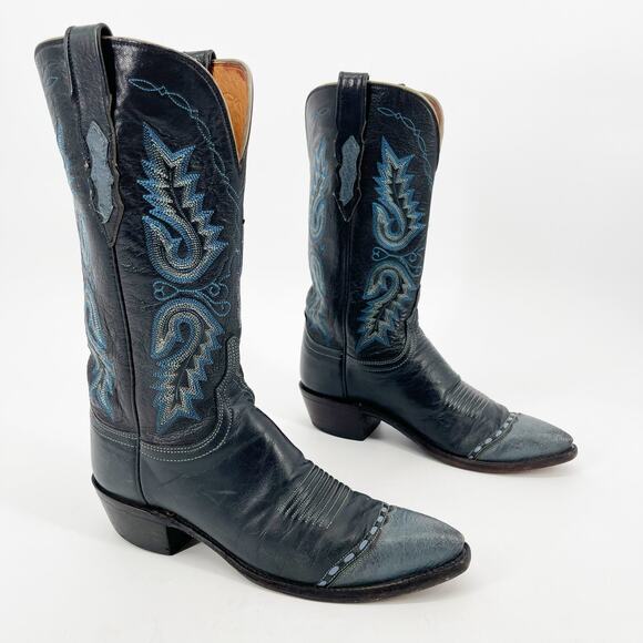 Lucchese Black Navy Leather Ostrich Cap Toe Pointed Cowgirl Boots Women's 8 - Picture 1 of 11